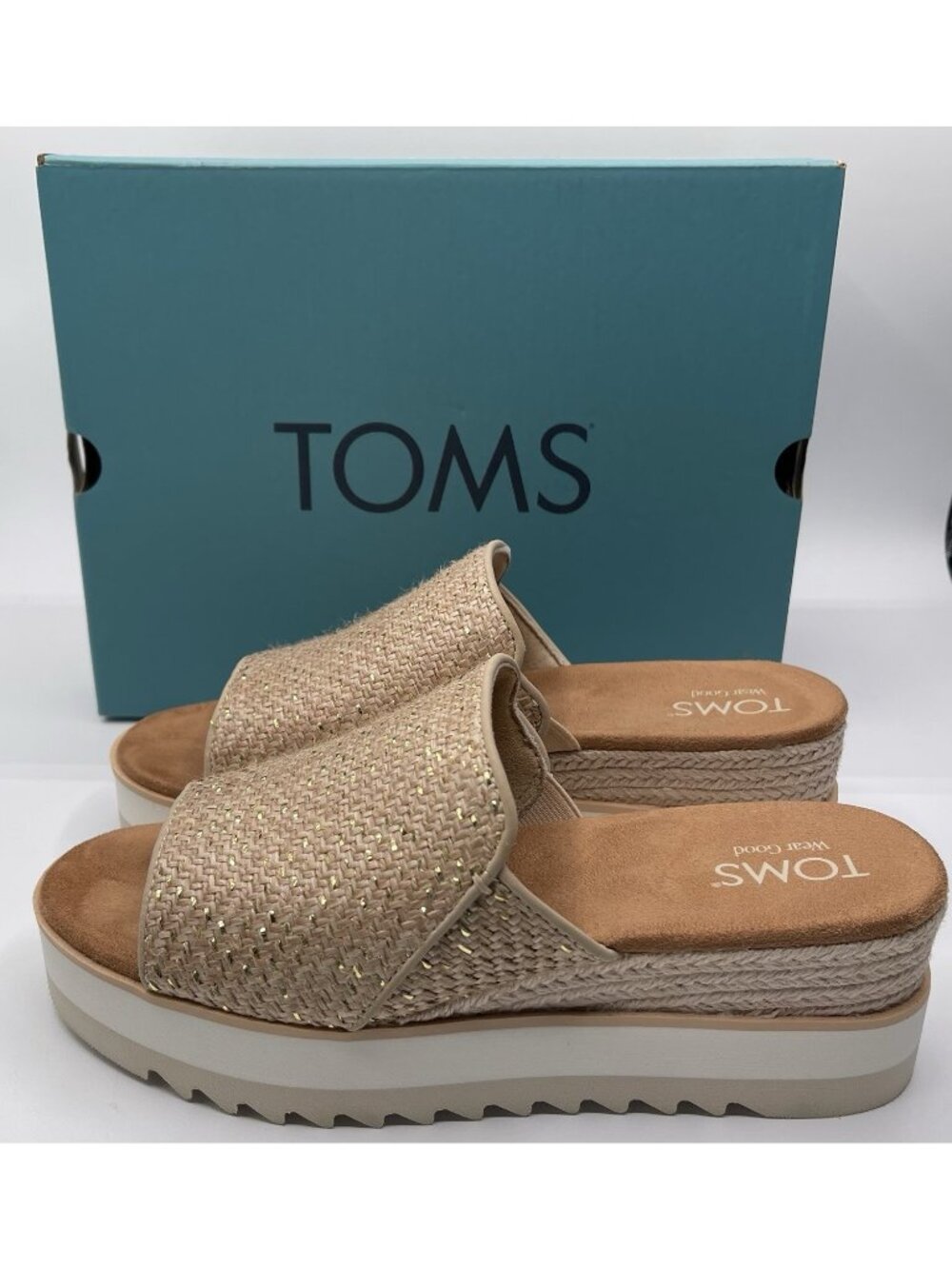 Toms Women's Diana Mule Sandals Oatmeal Metallic Raffia Size 8 Slip On Beige